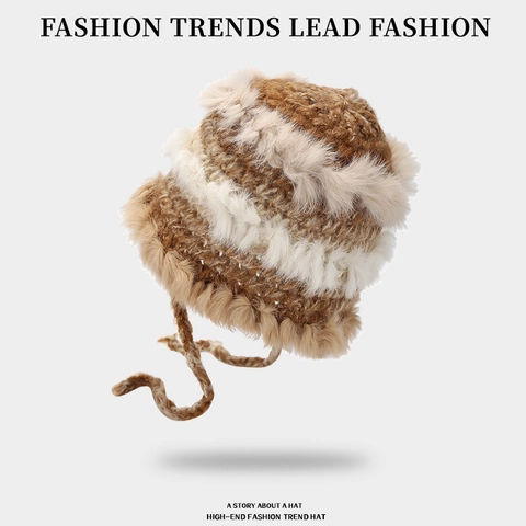 Winter Knitted Hat Faux Rabbit Fur Earflap Warm Windproof Cold Weather Fashion Cute Sweet Women Outdoor Headwear
