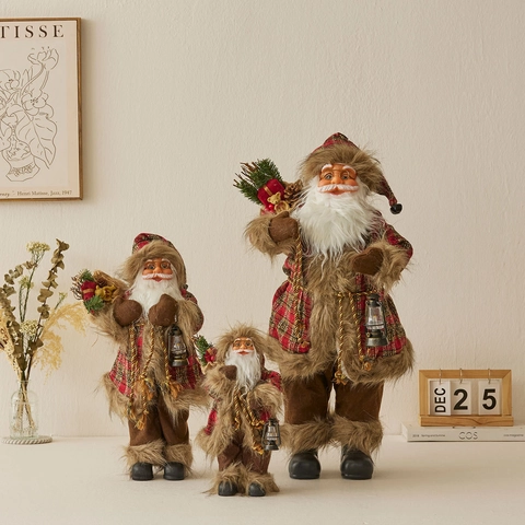 Stehender Weihnachtsmann Figur Karostoff Kunstpelz Besatz Mit Laterne Rucksack Weihnachten Tischdeko Vintage Puppe