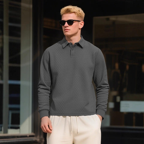 Men's Long Sleeve Polo Shirt Jacquard Textured Geometric Pattern Button Lapel Collar Casual Loose Fit Urban Solid Color