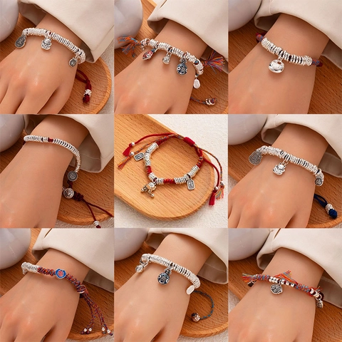 Handmade Braided Rope Bracelet Alloy Beads Adjustable Lucky Fortune Cat Pendant Chinese Style Jewelry For Women