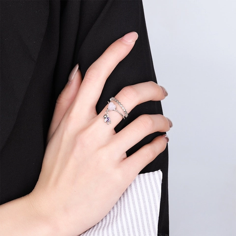 Doppelschichtiger Ring Pinkes Herz Bärenanhänger Lila Zirkon Verstellbar Süßer Modeschmuck Für Damen