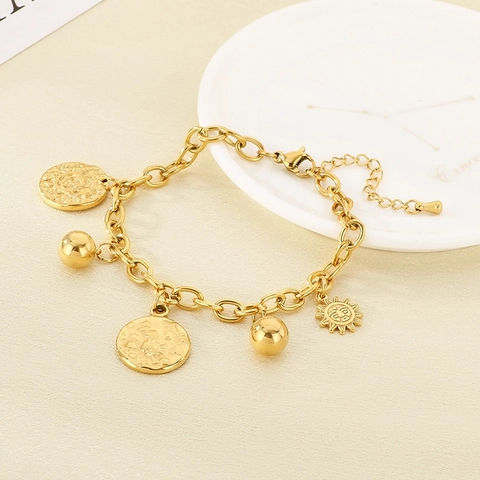18K Gold Plated Stainless Steel Charm Bracelet Women Sun Disc Embossed Coin Sphere Pendants Bohemian Vintage Adjustable