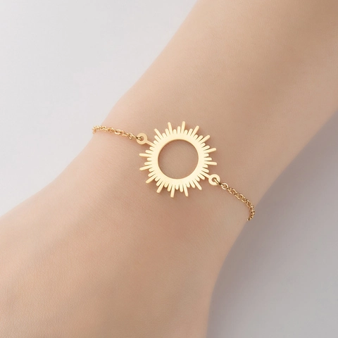 Pulsera Con Colgante De Sol De Acero Inoxidable Para Mujer Minimalista Girasol Hueco Redondo Cadena Ajustable Joyería