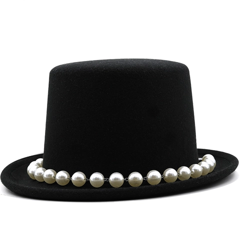 Vintage Top Hat Woolen Felt Magician Hat With Artificial Pearl Chain Leather Belt Feathers For Stage Party Performance Unisex