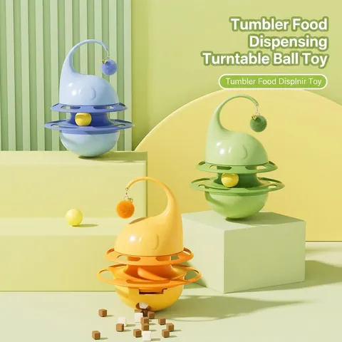Interactive Cat Toy Tumbler Food Leaking Double Layer Track Rolling Ball Plush Teasing Stick With Bell PP Plastic Kitten Puzzle