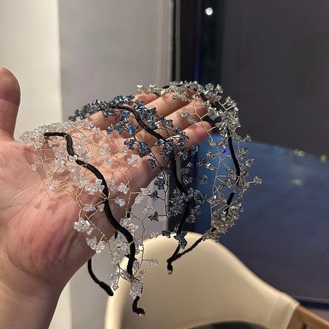 Handgefertigter Künstlicher Kristall Perlen Haarreif Eleganter Zweig Gewebter Mesh Braut Haarreif Leichter Luxus Damen Haarschmuck