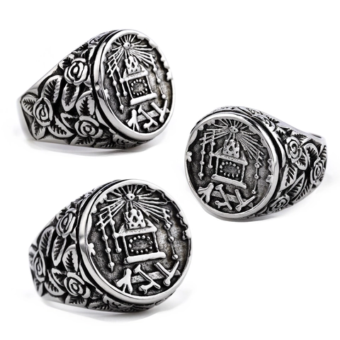 Anello Massonico Rosa Vintage In Acciaio Inossidabile Per Uomini Donne Simbolo Intagliato Gioielli Gothic Punk Sigillo