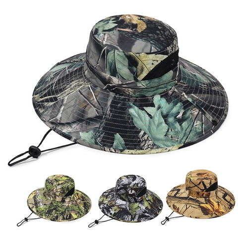 Leaf Camouflage Boonie Hat Wide Brim Sun Protection Breathable Mesh Adjustable Windproof Rope Outdoor Fishing Hiking