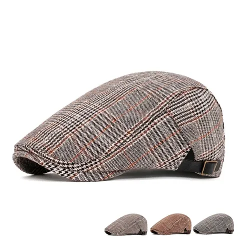 British Style Plaid Flat Cap Retro Checkered Ivy Hat For Men And Women Adjustable Newsboy Cap Polyester Fabric Sunshade