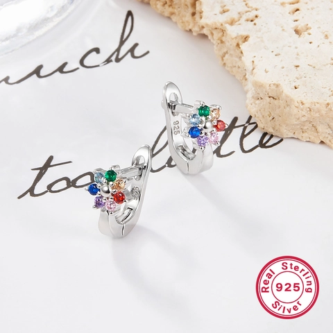 925 Sterling Silver Colorful Zirconia Hoop Earrings Cute Unicorn Rainbow Star Cat Paw Flower Earrings Jewelry For Children Women