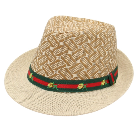 Cappello Fedora In Paglia Intrecciata Traspirante Parasole Spiaggia Estate Vintage Jazz Cap Con Nastro A Righe E Ricamo