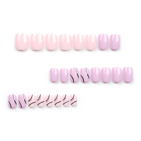 Glossy Press On Nails Short Square Round Artificial Nails Minimalist Line Design Pink Purple Glitter For Women Girls