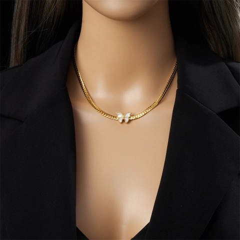 Juego De Joyas De Collar Y Pulsera De Acero Inoxidable Chapado En Oro Para Mujer Con Colgante De Mariposa E Incrustación De Nácar