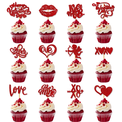 Valentine's Day Cupcake Toppers Glitter Paper Heart Love XOXO Cake Flags For Wedding Anniversary Party Decorations