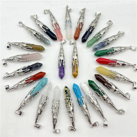 Natural Crystal Gemstone Pendant Hexagonal Pillar Healing Stone Alloy Hollow Filigree Cap For Jewelry Making DIY