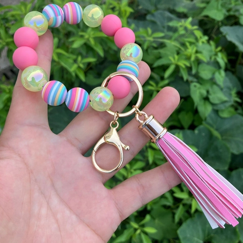 Silicone Bead Keychain Bracelet With PU Tassel Alloy Clasp Geometric Candy Color Wristlet For Women Men