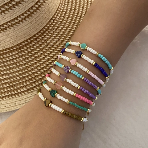 Böhmisches Handgefertigtes Perlenarmband Mit Naturstein Herzanhänger Rocailles Edelstahl Schmuck Für Frauen