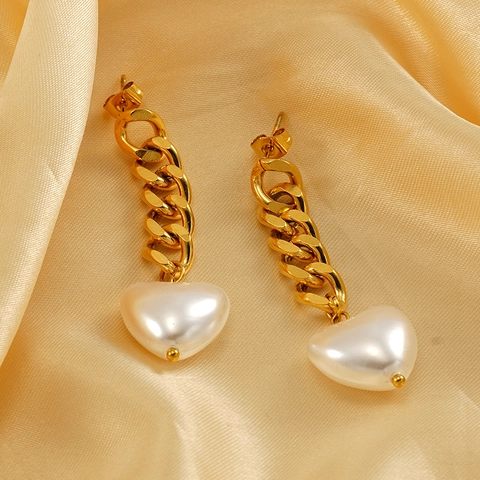 Heart Artificial Pearl Drop Earrings 18K Gold Plated Stainless Steel Cuban Link Chain Dangle Vintage Fashion Jewelry For Women