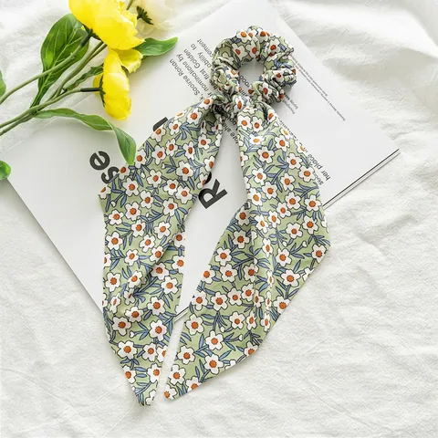 Floral Print Hair Scrunchies With Long Ribbon Chiffon Fabric Sweet French Style Ponytail Holder For Women Girls