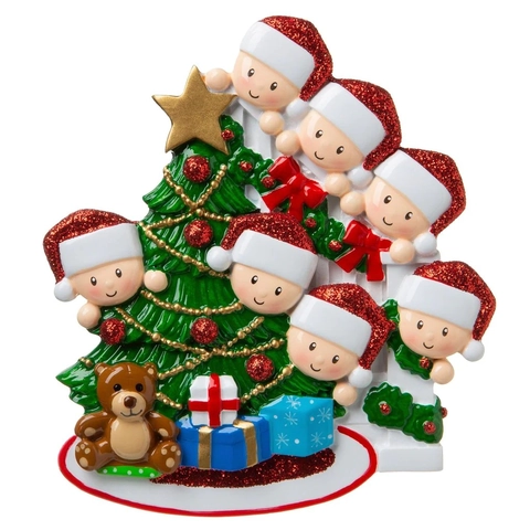 Resin Christmas Tree Hanging Ornament Family Members Santa Hats Teddy Bear Holiday Home Decoration