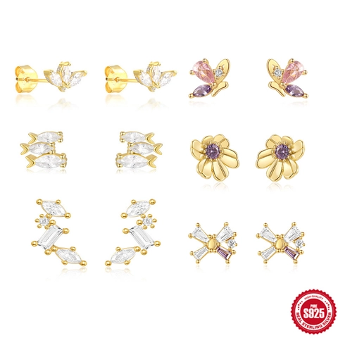 925 Sterling Silver Zirconia Stud Earrings For Women Tiny Fish Butterfly Flower Leaf Marquise CZ Small Earrings Jewelry