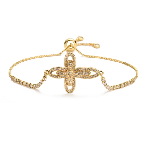 Bracciale Bolo Croce Placcato Oro Rame Zircone Catena Scorrevole Regolabile Gioielli Moda Lusso Leggero Donne