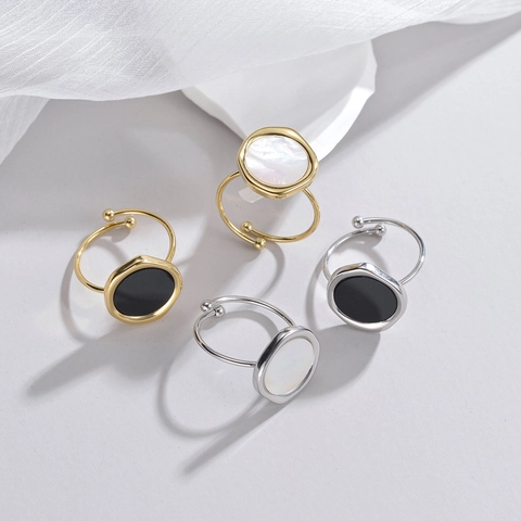 Verstellbarer Offener Ring Edelstahl 18K Vergoldet Rund Perlmutt Emaille Minimalistischer Geometrischer Schmuck Für Damen