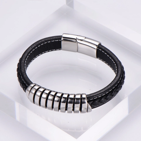 Pulsera De Cuero Trenzado Para Hombre Con Cierre Magnético De Acero Inoxidable Estilo Punk Negro Y Plata