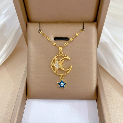 Collana In Acciaio Inossidable Con Pendente Luna Stella Malocchio Rame Zircone Gioielli Di Lusso Donne Matrimonio