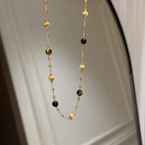 Retro Tiger Eye Beaded Necklace Gold Plated Brass Clavicle Chain With Zircon Pendant Vintage Maillard Style Women