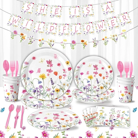 Decoraciones De Fiesta Flores Silvestres Vajilla Desechable Mariposa Floral Platos Vasos Servilletas Pancartas