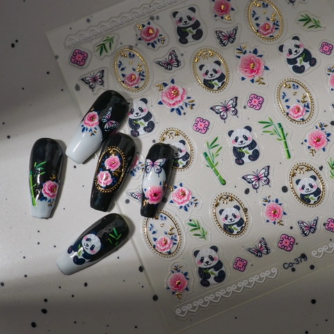 5D Embossed Nail Art Stickers Panda Bamboo Flower Butterfly Pattern Chinese Style Waterproof Adhesive Manicure Decals