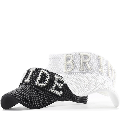 Bride Rhinestone Artificial Pearl Sun Visor Hat Empty Top Beach Wedding Bachelorette Party Adjustable Sparkling Polyester