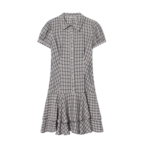 Vestito Mini A Quadri Da Donna Raso Cupro Maniche Corte Orlo A Volant Sovrapposto Bottoni Collo Revers