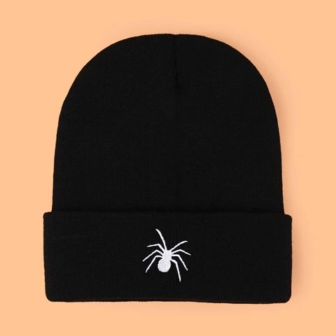 Embroidered Spider Beanie Hat Acrylic Cuffed Ribbed Knitted Cap Winter Warm Streetwear Gothic Casual Unisex Black