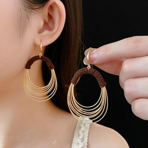 Bohemian Multi Layer Oval Hoop Dangle Earrings With Silver Earring Post Vintage Alloy Metal Fiber Wrapped For Women