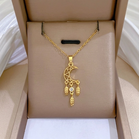 Mond Traumfänger Anhänger Halskette Edelstahlkette Kupfer Zirkon Feder Quaste Eleganter Vielseitiger Schmuck Damen