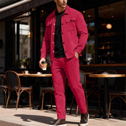 Men Casual Suit Set Faux Suede Solid Color Button Up Jacket And Pants Streetwear Urban Style Outfits