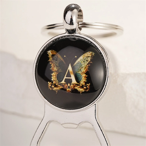 Flaschenöffner Schlüsselanhänger Metall Alphabet Buchstabe Schmetterling Muster Vintage Cabochon Anhänger Schlüsselring