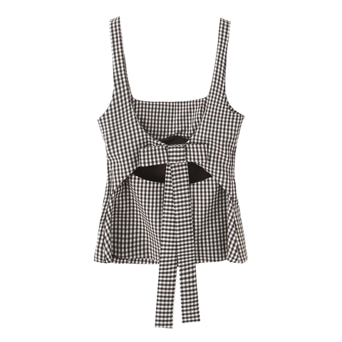 Gingham Tank Top Women Polyester Square Neck Wide Straps Back Bow Tie Side Zipper Sweet Elegant Sleeveless Camisole