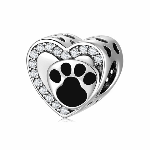 S925 Sterling Silver Heart Bead Charm With Black Enamel Dog Paw Print And Clear Zirconia For DIY Jewelry Making