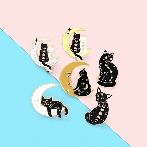 Black Cat Moon Enamel Pin Brooch Celestial Star Mystery Badge For Clothes Bag Accessories
