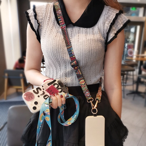 Vintage Ethnic Pattern Phone Lanyard Adjustable Crossbody Shoulder Strap For Women Nylon Woven Phone Chain With Metal Hook