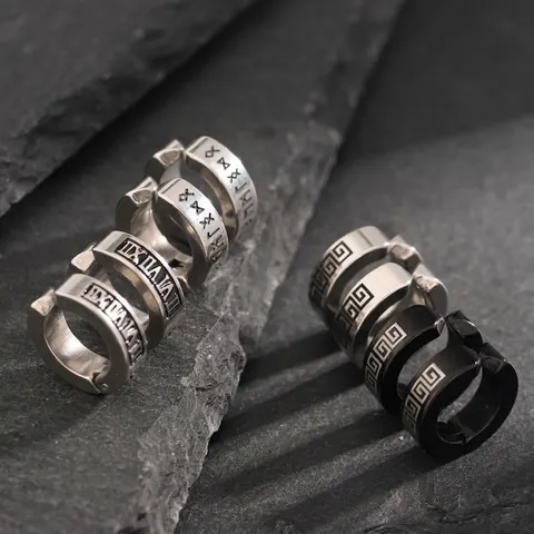 Men Stainless Steel Ear Clips Non Pierced Hoop Earrings Greek Meander Roman Numeral Rune Vintage Punk Jewelry Unisex