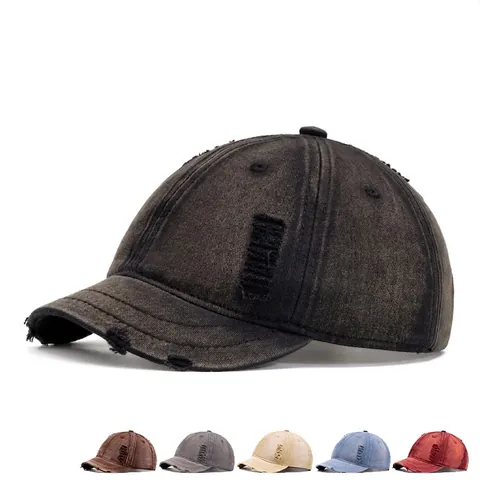 Washed Cotton Denim Baseball Cap Distressed Ripped Short Brim Sun Hat Retro Japanese Style Streetwear Adjustable