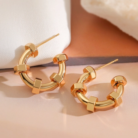 Pendientes De Aro En Forma De C De Cobre Chapado En Oro Diseño Industrial Geométrico Punk Hip Hop Para Mujer Joyería