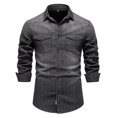 Camisa Vaquera De Manga Larga Para Hombre Lavada Distressed Rayas Corte Ajustado Dobles Bolsillos Algodón Casual Solapa