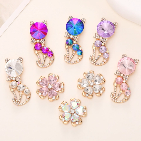 Accesorios De Dijes DIY Para Fabricación De Joyas Funda De Teléfono Decoración De Zapatos Aleación Cristal Rhinestone Gato Corazón Flor Lindo