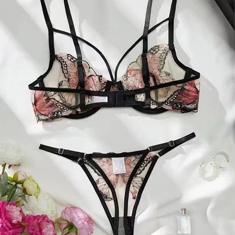 Sexy Schmetterling Stickerei BH Und Thong Dessous Mesh Transparent Bügel Romantischer Französischer Stil