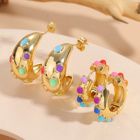 Bunte Zirkon Creolen Bohemian 14K Vergoldet Kupfer C-Form Bunte Emaille Modeschmuck Für Damen